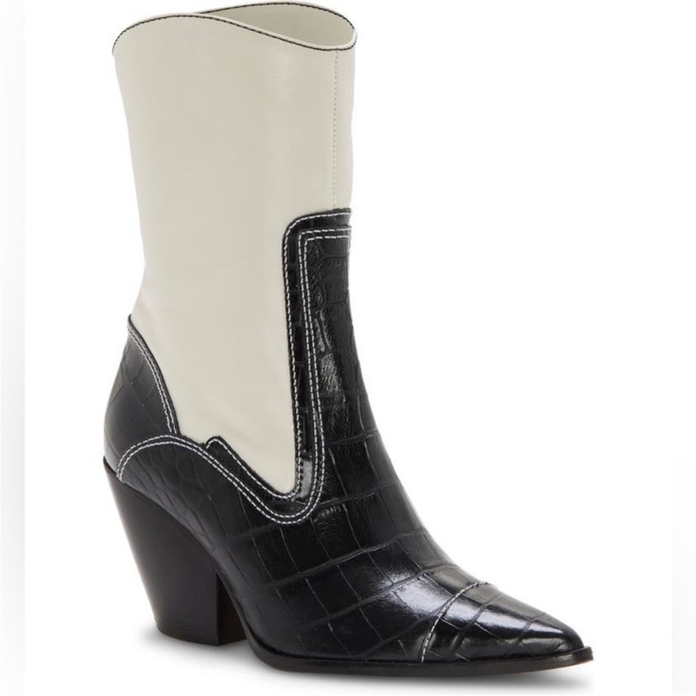 Vince Camuto Black and Cream leather heeled western, cowboy boots